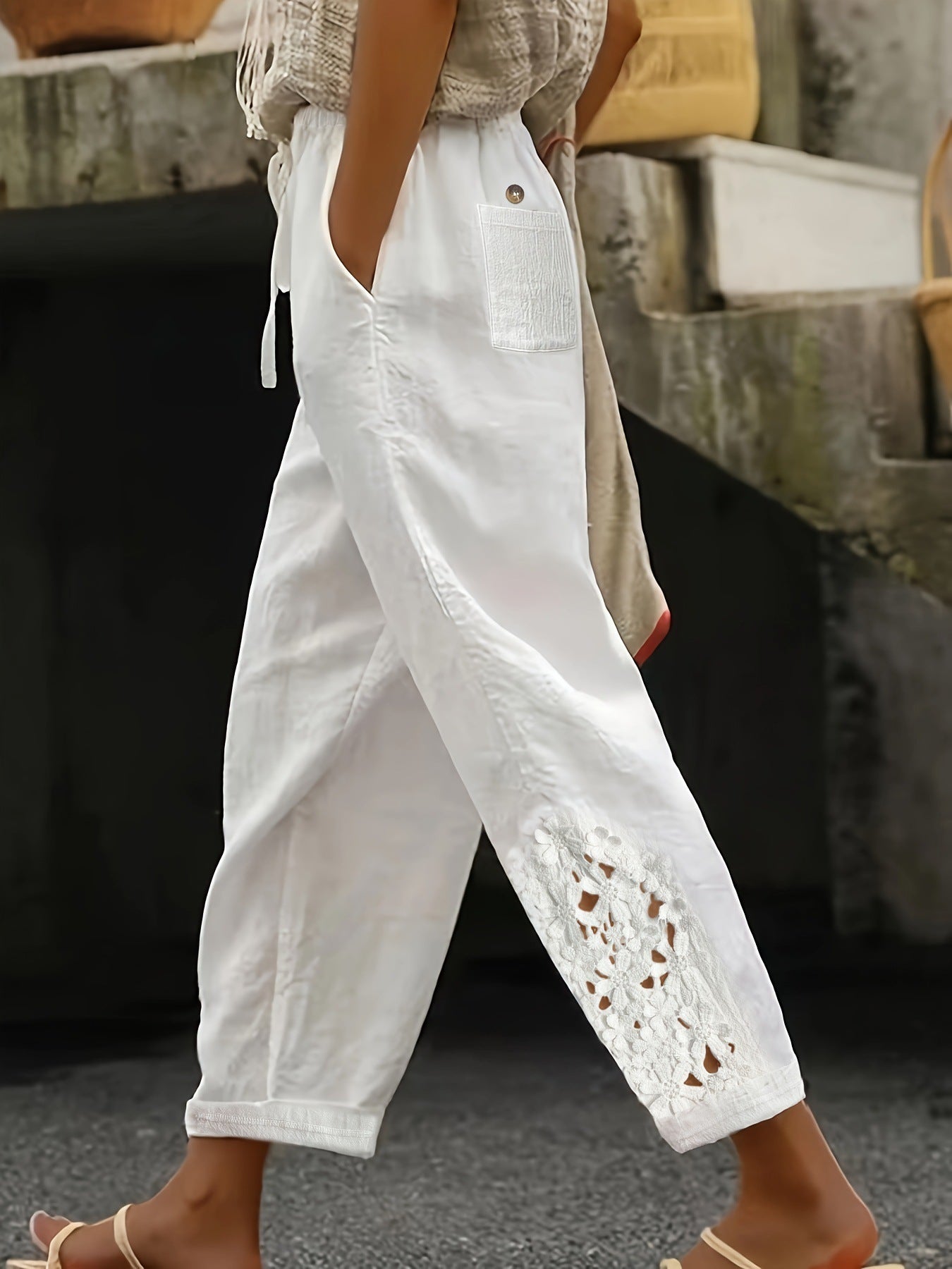 👖 Pantalon Droit Femme – Cordon de Serrage & Dentelle | XL-Charmes