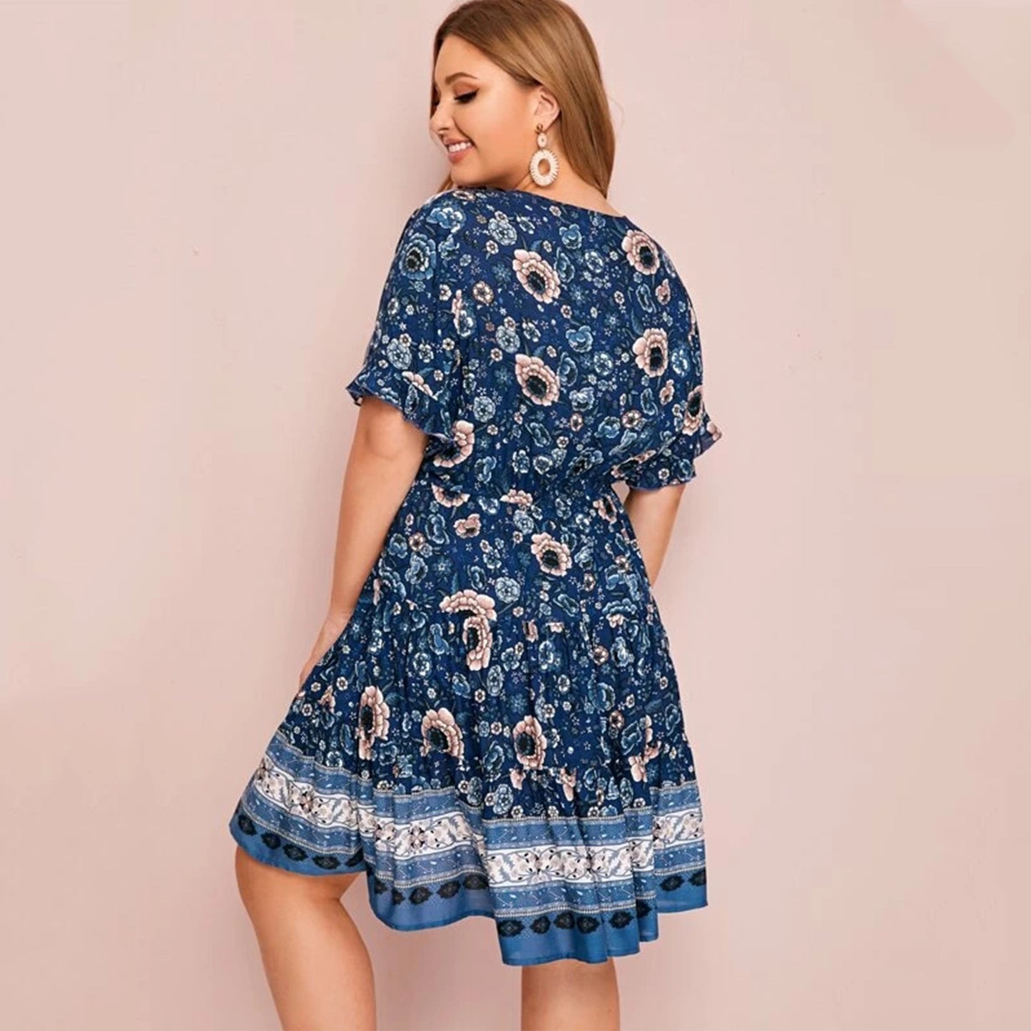 👗 Robe Imprimée à Col V – Grande Taille Femme | XL-Charmes