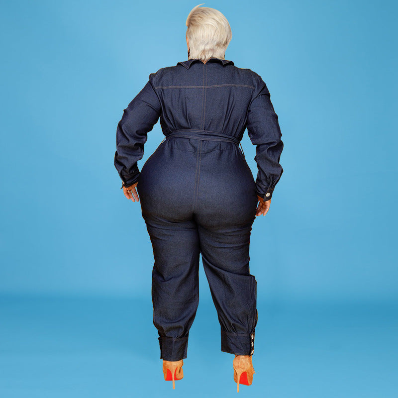 👖 Combinaison Longue en Denim Délavé – Grande Taille Femme