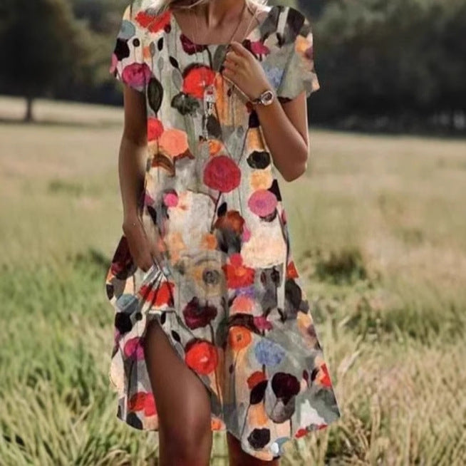 👗 Robe Femme à Col Rond – Impression Numérique Fleurie | XL-Charmes