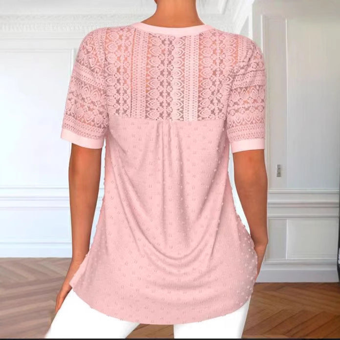 👚 Haut Femme Élégant Col Rond & Dentelle – Manches Courtes Chic