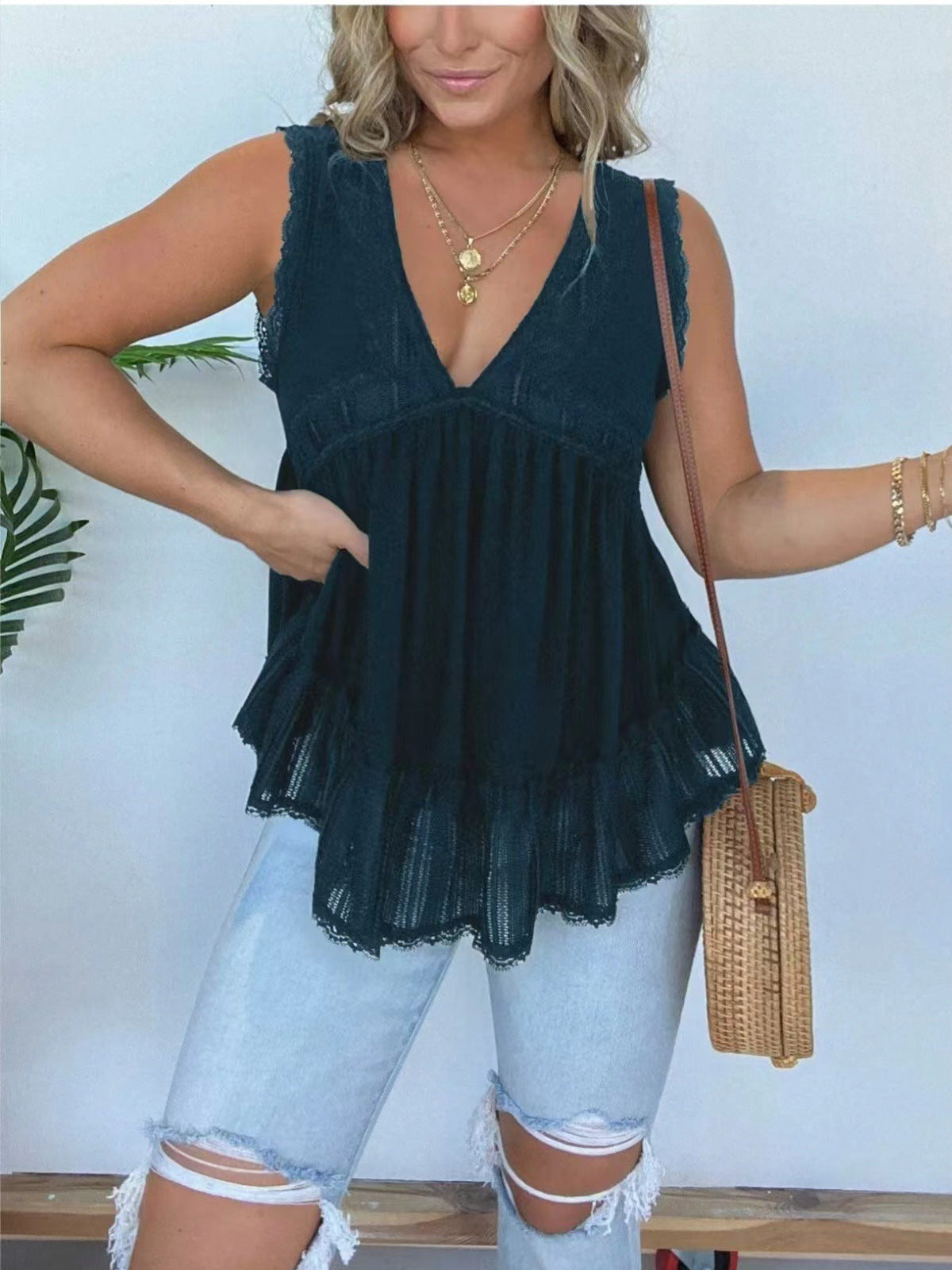 👚 Haut Velours Doré & Dentelle – Col V Chic Femme Grande Taille | XL-Charmes