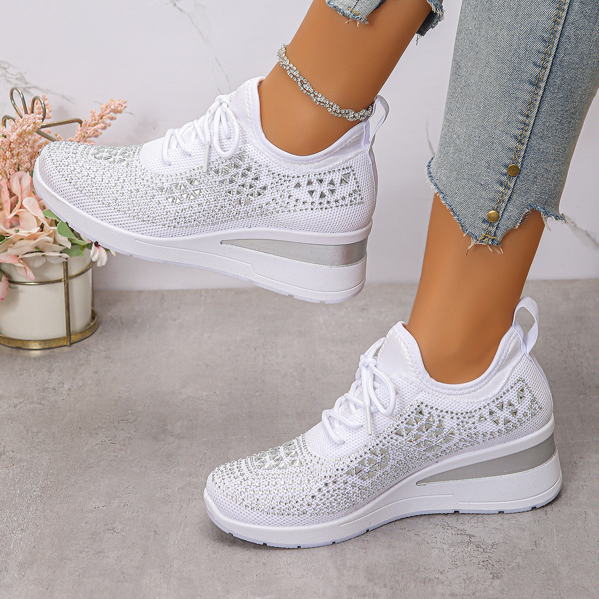 ✨ Baskets Compensées Femme Strass – Style & Confort Quotidien