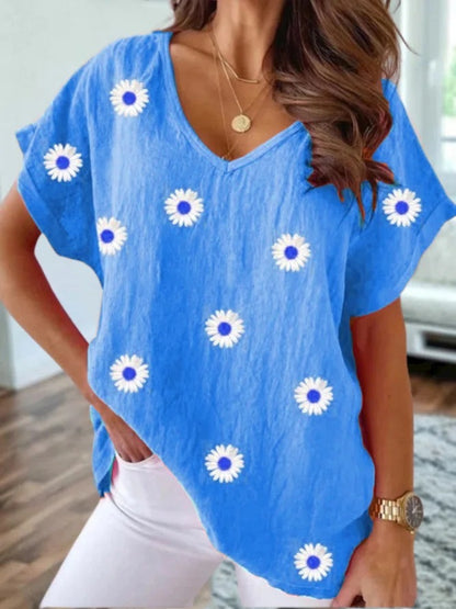 🌸 T-shirt Floral Femme – Col en V & Manches Courtes | XL-Charmes
