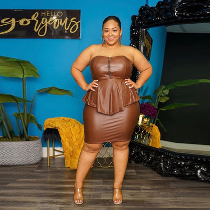 💃 Ensemble 2 Pièces Femme Grande Taille – Haut Bandeau & Jupe Étroite | XL-Charmes