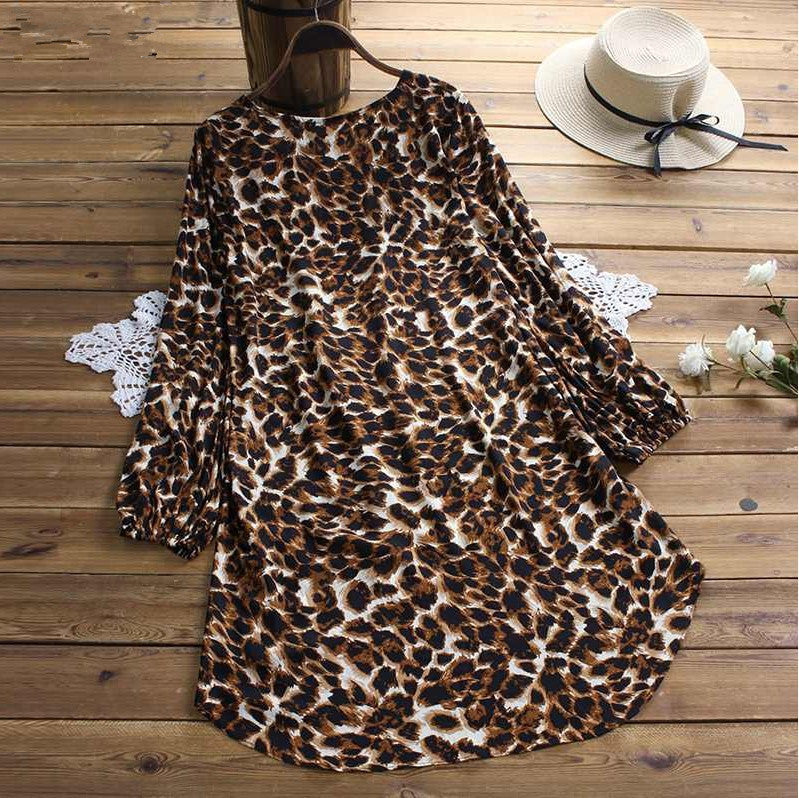 👚 Haut Ample Grande Taille – Imprimé Léopard & Manches Bouffantes