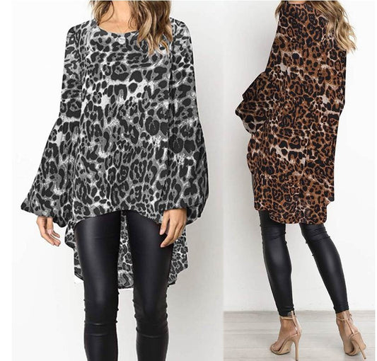 👚 Haut Ample Grande Taille – Imprimé Léopard & Manches Bouffantes