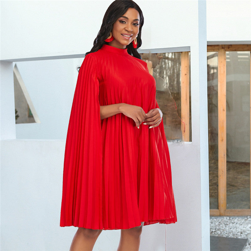 👗 Robe Ample Grande Taille – Col Rond & Manches Châle Plissées
