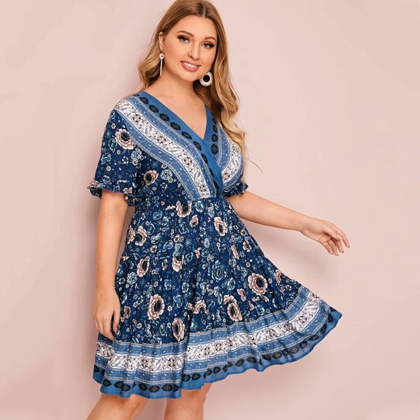 👗 Robe Imprimée à Col V – Grande Taille Femme | XL-Charmes