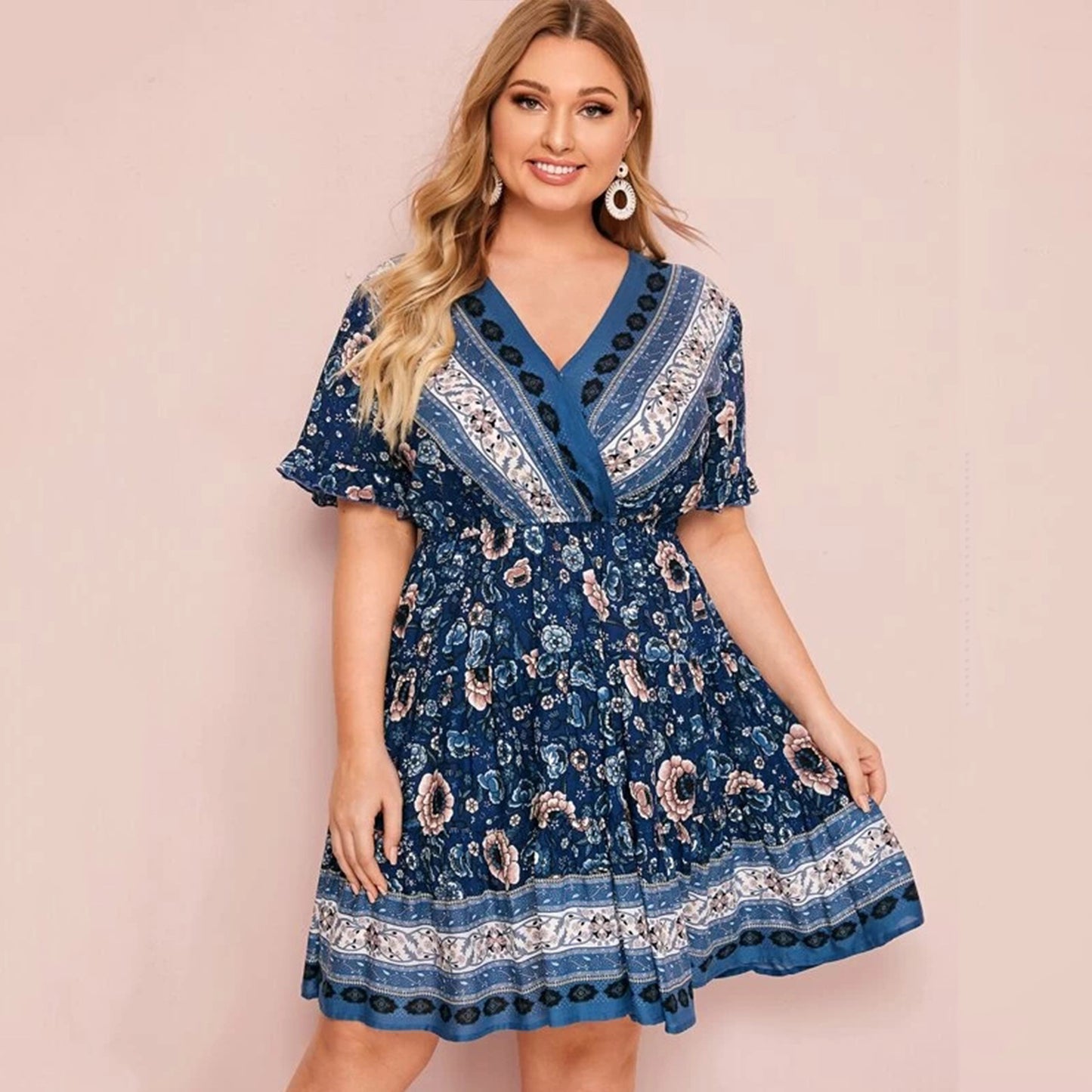 👗 Robe Imprimée à Col V – Grande Taille Femme | XL-Charmes