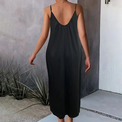 🌞 Robe Longue Décontractée Femme – Bretelles Spaghetti & Poches | XL-Charmes