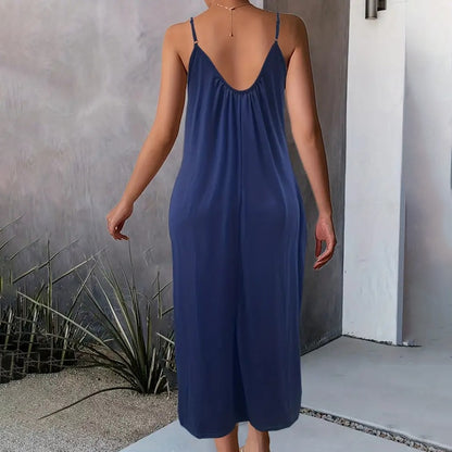 🌞 Robe Longue Décontractée Femme – Bretelles Spaghetti & Poches | XL-Charmes
