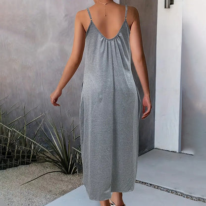 🌞 Robe Longue Décontractée Femme – Bretelles Spaghetti & Poches | XL-Charmes
