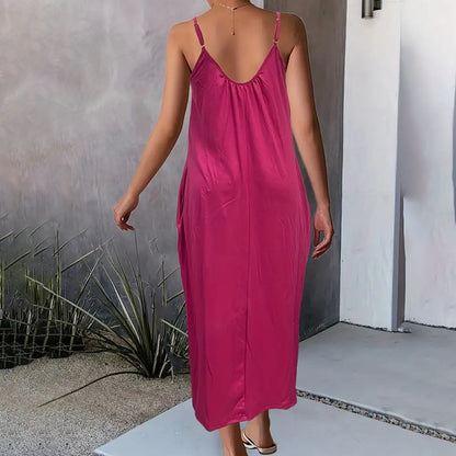 🌞 Robe Longue Décontractée Femme – Bretelles Spaghetti & Poches | XL-Charmes