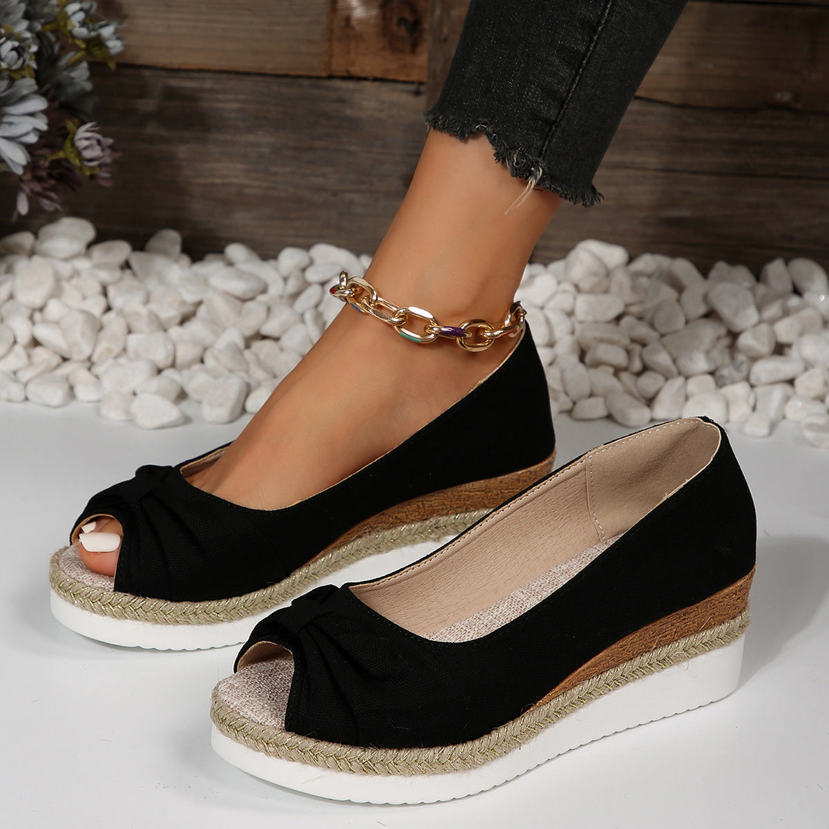 👡 Sandales compensées grande taille – Nœud & corde naturelle | XL-Charmes