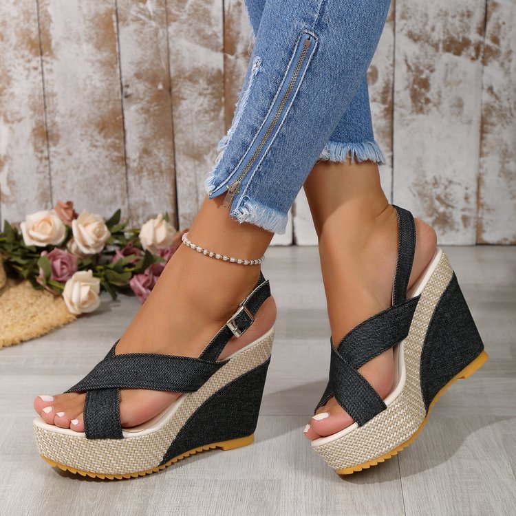👡 Sandales Compensées Femme – Plateforme Denim Grande Taille Été 2024