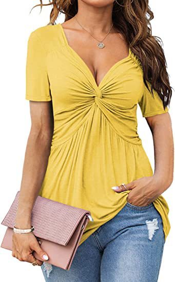 👚 T-shirt Élegant Femme – Col en V, Torsadé & Manches Courtes | XL-Charmes