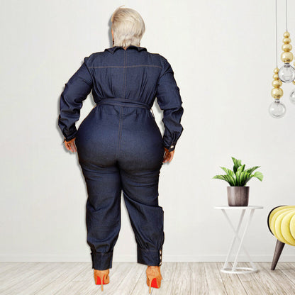👖 Combinaison Longue en Denim Délavé – Grande Taille Femme