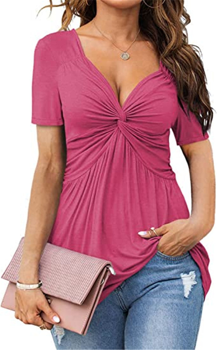 👚 T-shirt Élegant Femme – Col en V, Torsadé & Manches Courtes | XL-Charmes