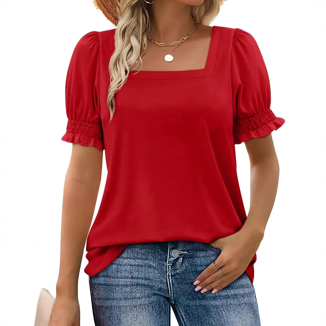 👚 T-shirt Femme Manches Pétales – Col U Ample | Mode Printemps