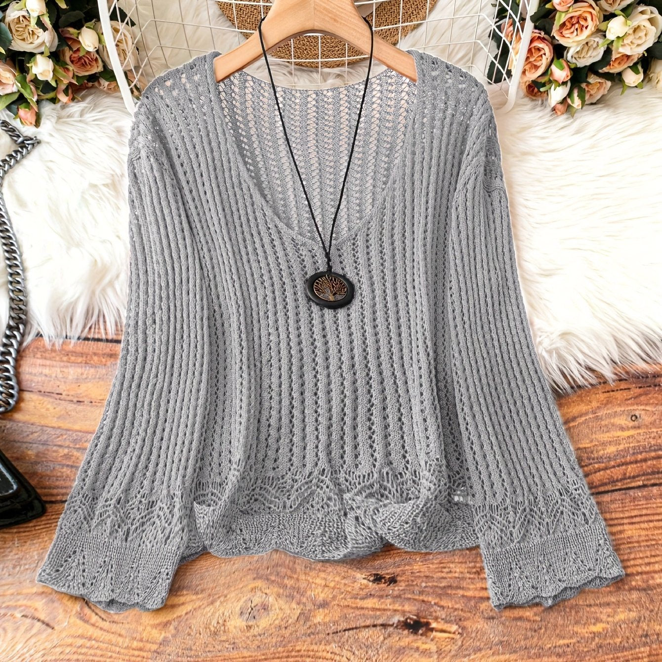 🧶 Pull Tricoté Femme – Manches Longues, Col en V & Grande Taille | XL-Charmes