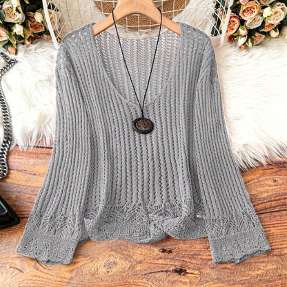 🧶 Pull Tricoté Femme – Manches Longues, Col en V & Grande Taille | XL-Charmes