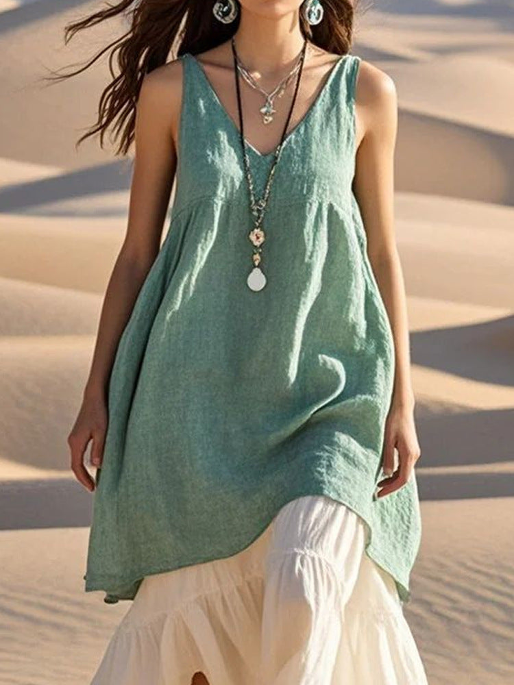 👗 Robe Plage Sans Manches Coton & Lin – Col V Été 2024
