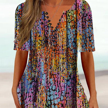 👚 T-shirt Col en V Imprimé Boutonné Femme – Manches Courtes | XL-Charmes