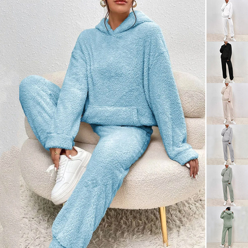 🛋️ Pyjama Hiver Femme Peluche – Haut à Capuche & Pantalon Douillet