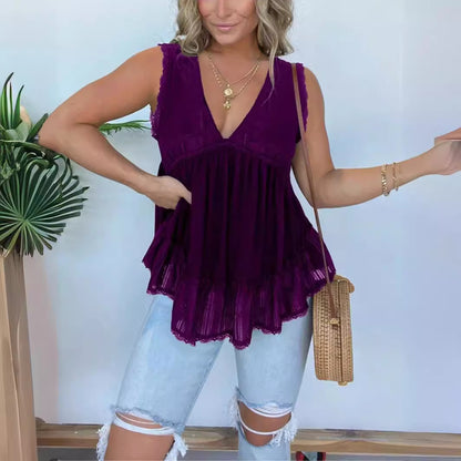 👚 Haut Velours Doré & Dentelle – Col V Chic Femme Grande Taille | XL-Charmes