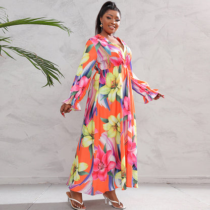 👗 Robe Grande Taille Femme – Manches Longues & Impression Numérique