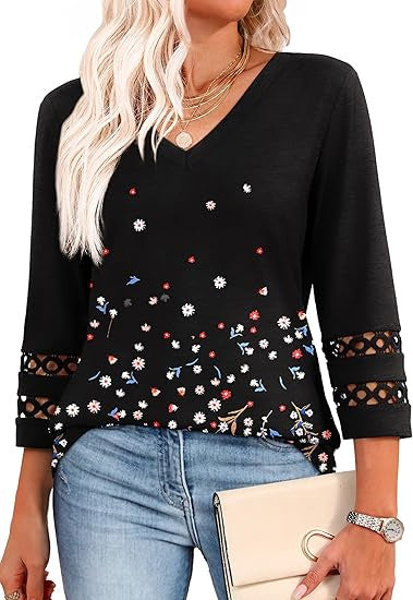 👚 Chandail à Manches 3/4 Col en V – Style Décontracté Femme | XL-Charmes