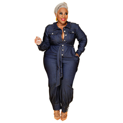 👖 Combinaison Longue en Denim Délavé – Grande Taille Femme
