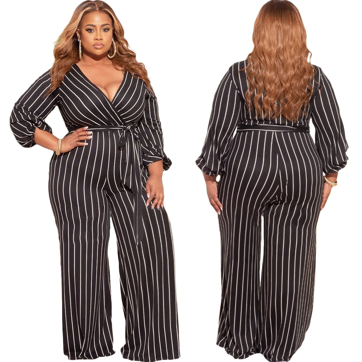 👗 Combinaison Rayée Grande Taille – Col V & Imprimé Placement | XL-Charmes