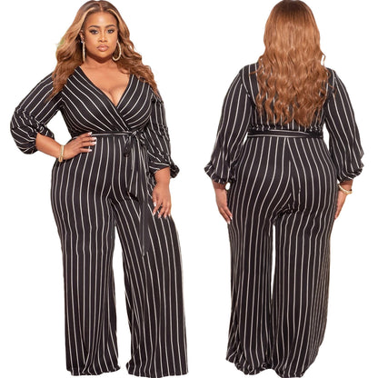 👗 Combinaison Rayée Grande Taille – Col V & Imprimé Placement | XL-Charmes
