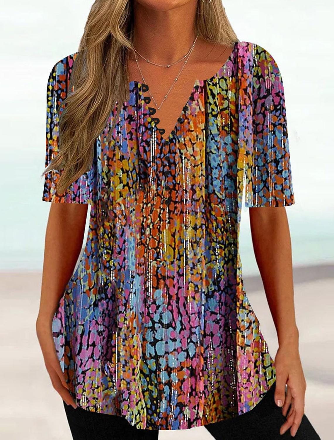 👚 T-shirt Col en V Imprimé Boutonné Femme – Manches Courtes | XL-Charmes