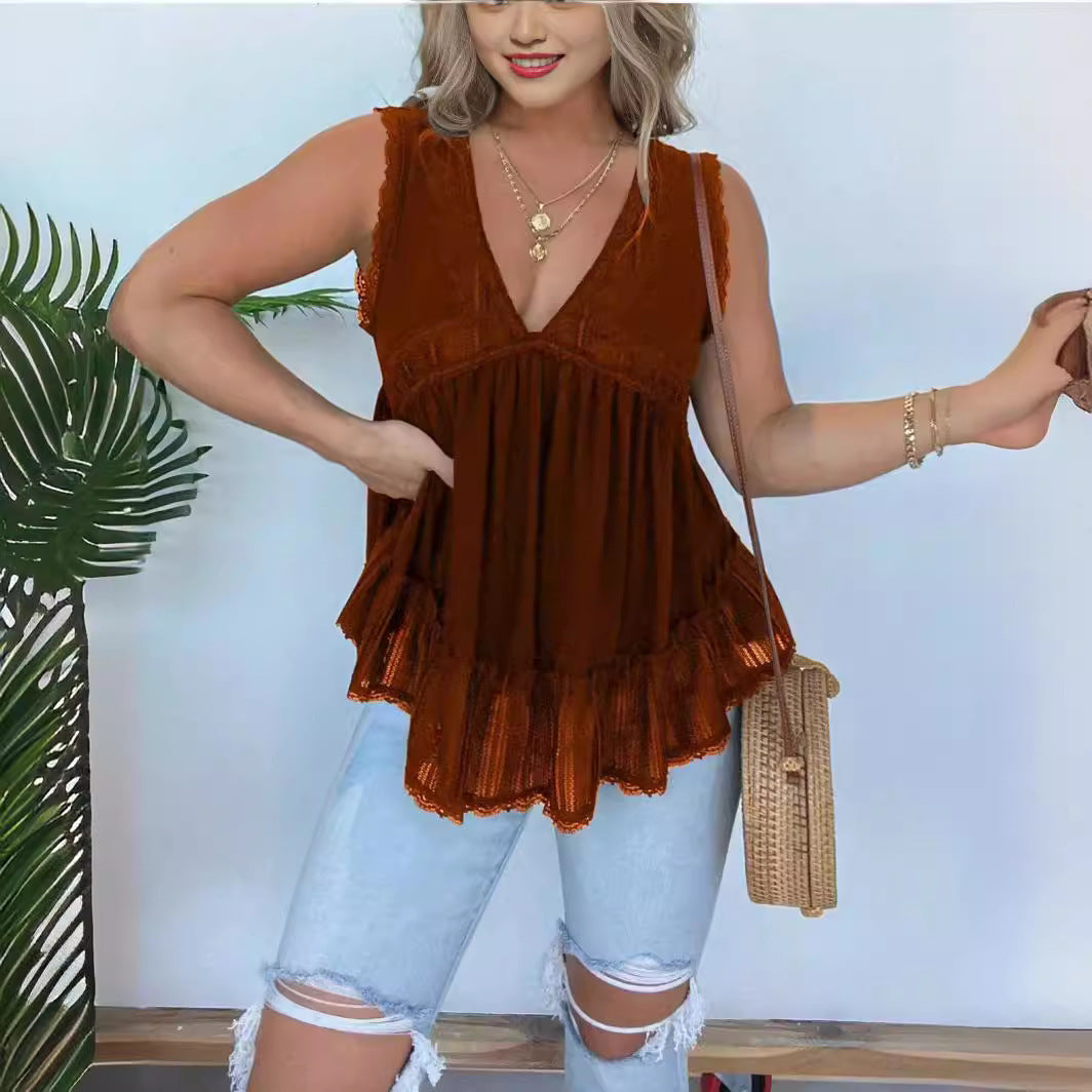 👚 Haut Velours Doré & Dentelle – Col V Chic Femme Grande Taille | XL-Charmes