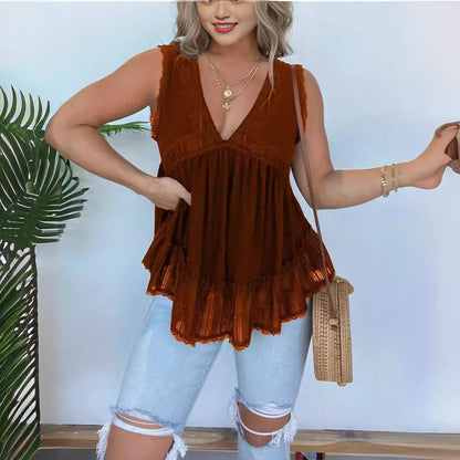 👚 Haut Velours Doré & Dentelle – Col V Chic Femme Grande Taille | XL-Charmes