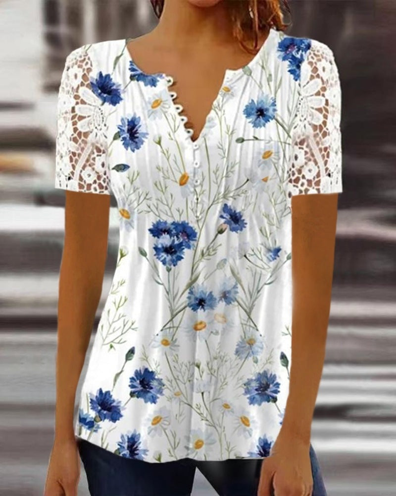 👚 Chemise Dentelle Femme – Manches Courtes & Boutons Imprimés | XL-Charmes