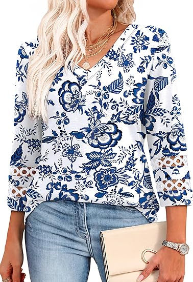 👚 Chandail à Manches 3/4 Col en V – Style Décontracté Femme | XL-Charmes