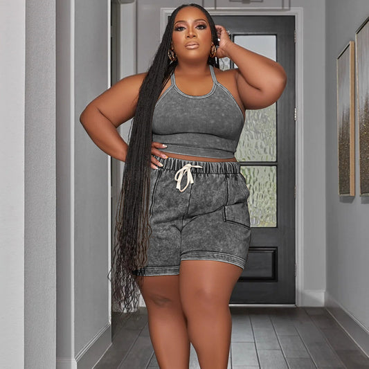 👚 Ensemble été grande taille femme – Gilet imprimé & short léger | XL-Charmes