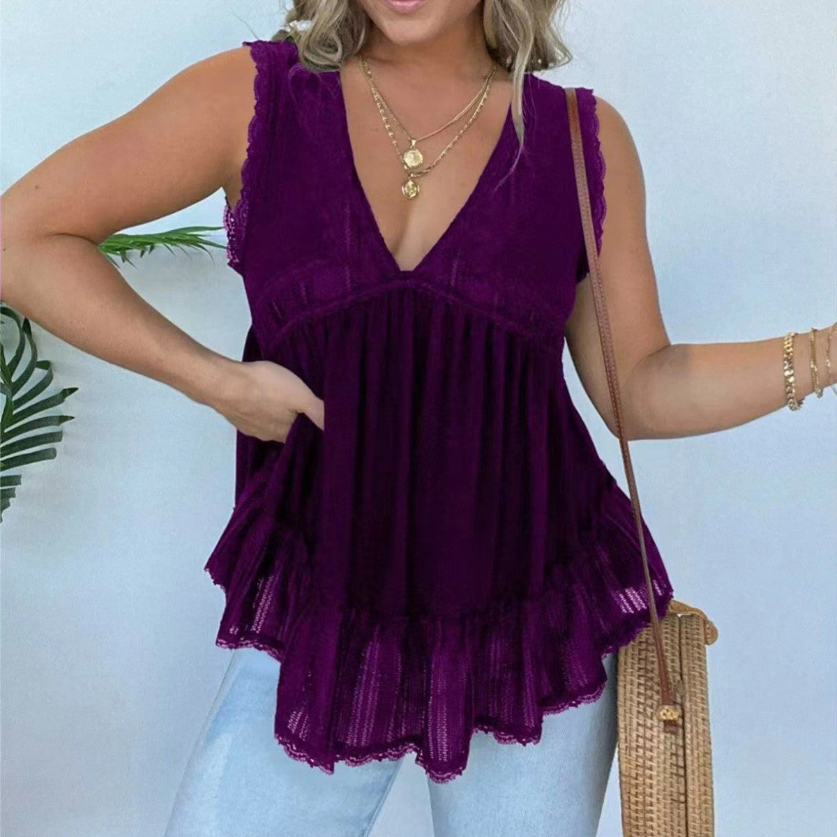 👚 Haut Velours Doré & Dentelle – Col V Chic Femme Grande Taille | XL-Charmes