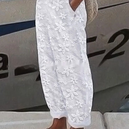 👖 Pantalon Coton & Lin Femme – Décontracté Brodé Chic | XL-Charmes