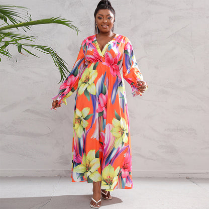 👗 Robe Grande Taille Femme – Manches Longues & Impression Numérique