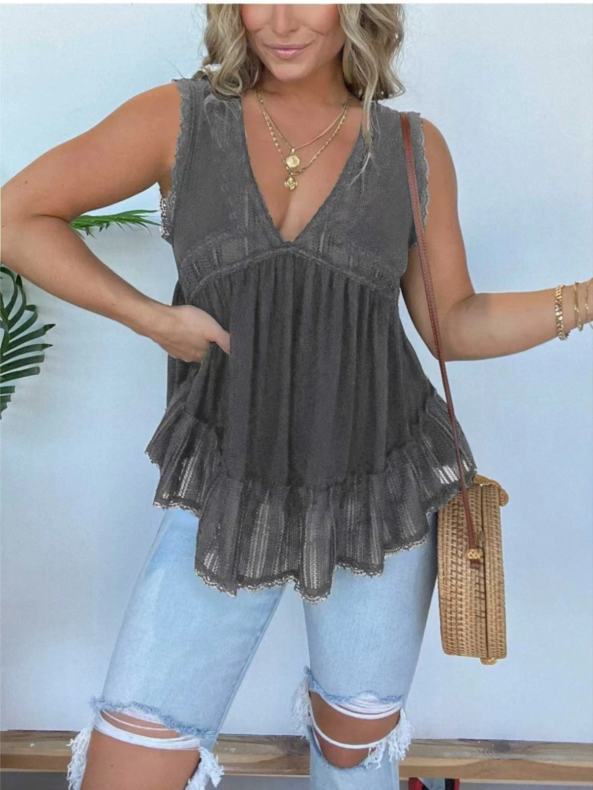 👚 Haut Velours Doré & Dentelle – Col V Chic Femme Grande Taille | XL-Charmes