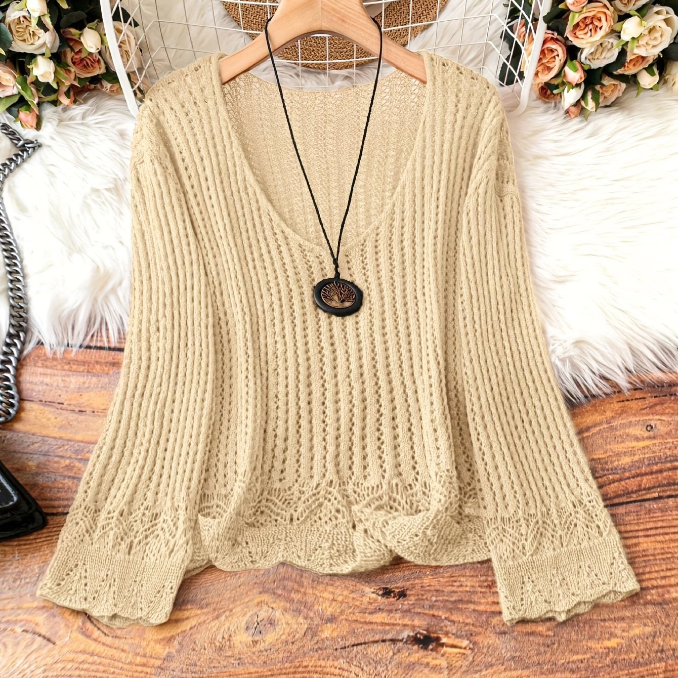 🧶 Pull Tricoté Femme – Manches Longues, Col en V & Grande Taille | XL-Charmes