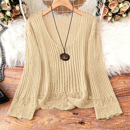 🧶 Pull Tricoté Femme – Manches Longues, Col en V & Grande Taille | XL-Charmes