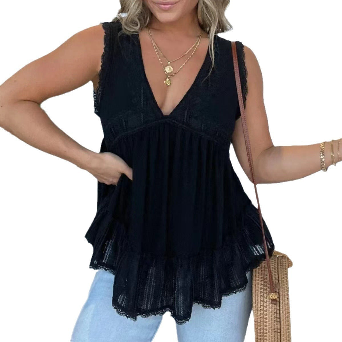 👚 Haut Velours Doré & Dentelle – Col V Chic Femme Grande Taille | XL-Charmes