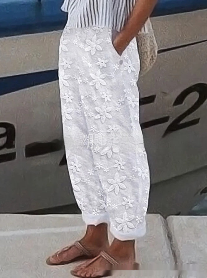 👖 Pantalon Coton & Lin Femme – Décontracté Brodé Chic | XL-Charmes