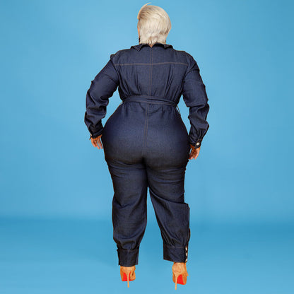 👖 Combinaison Longue en Denim Délavé – Grande Taille Femme